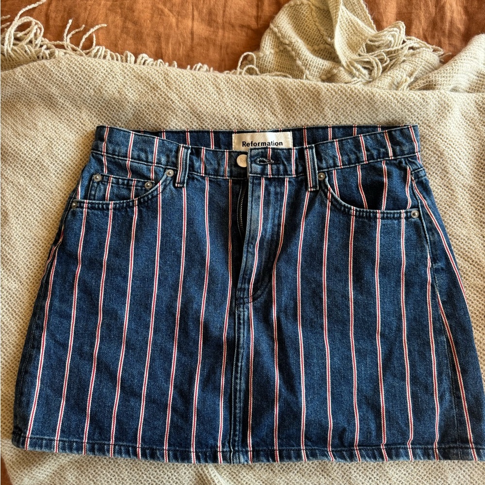 Reformation Navy and Pink Striped Mini Skirt